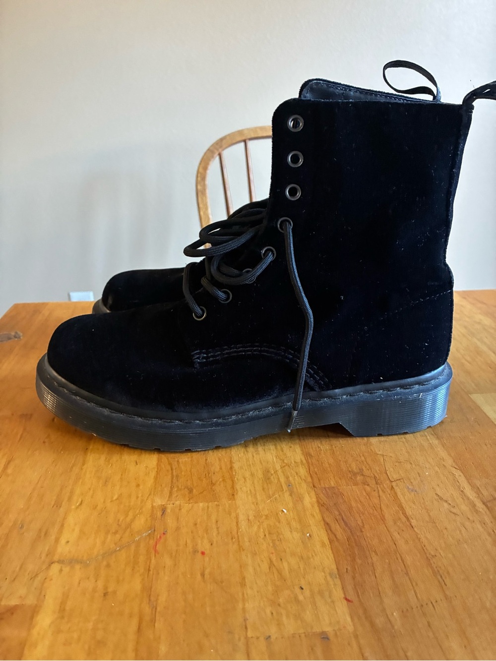 Dr. Martens Black Velvet Lace-Up Combat Boots - Picture 4 of 8